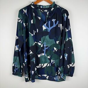 Ann Taylor Navy and Green Abstract Tree Print Blouse